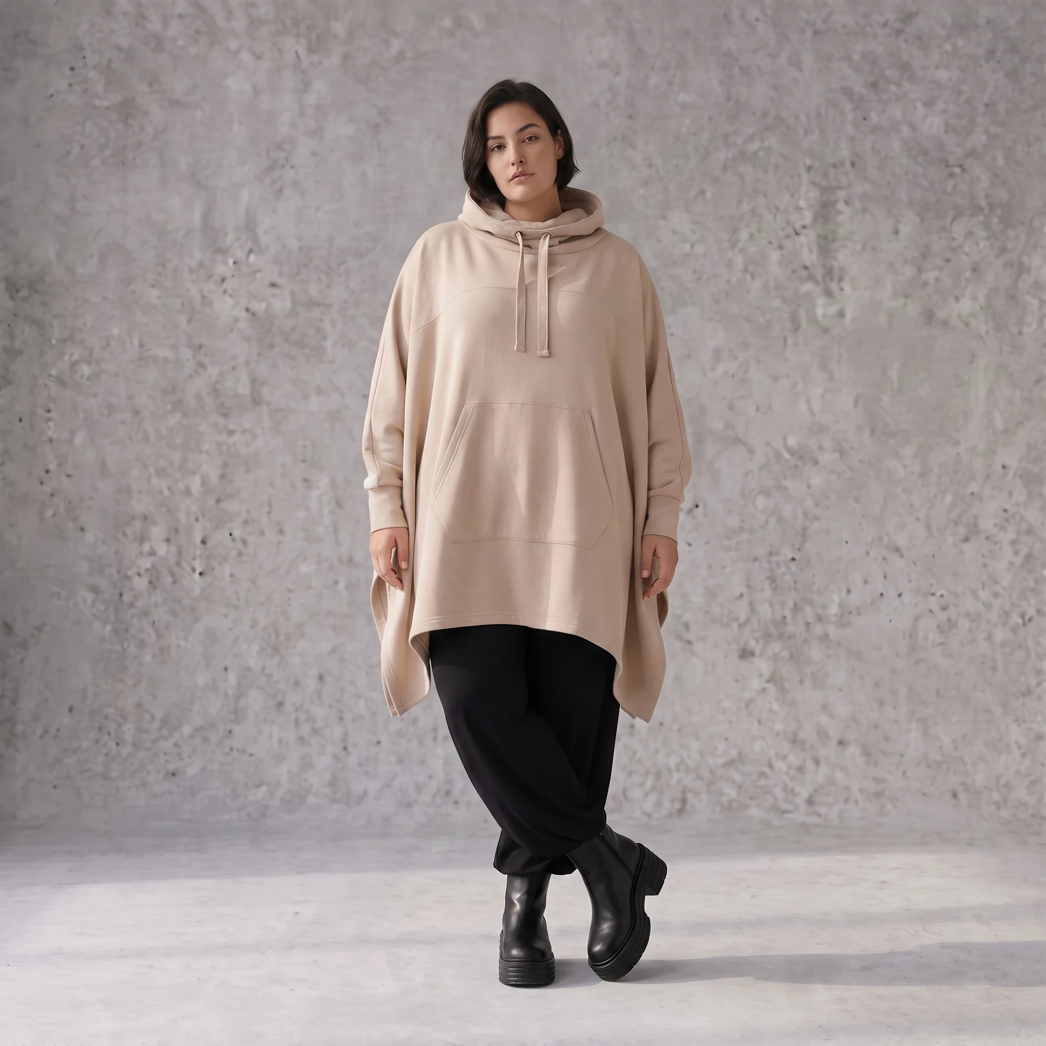 Damen Poncho Avantgarde Baumwolle Sand, kastiger Schnitt, Kapuze, Oversize große Größen – Rafay