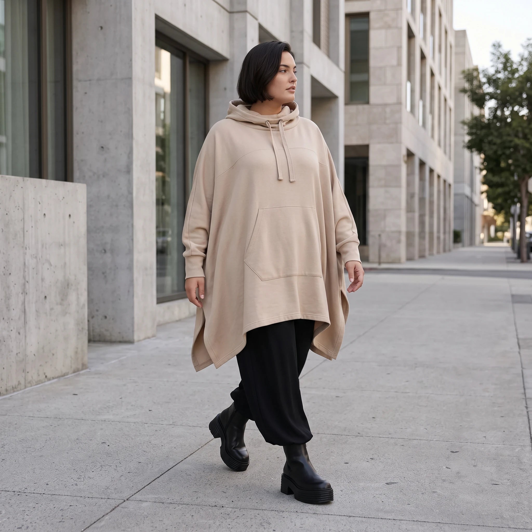 Damen Poncho Avantgarde Baumwolle Sand, kastiger Schnitt, Kapuze, Oversize große Größen – Rafay