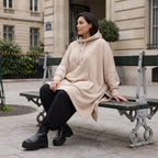 Damen Poncho Avantgarde Baumwolle Sand, kastiger Schnitt, Kapuze, Oversize große Größen – Rafay