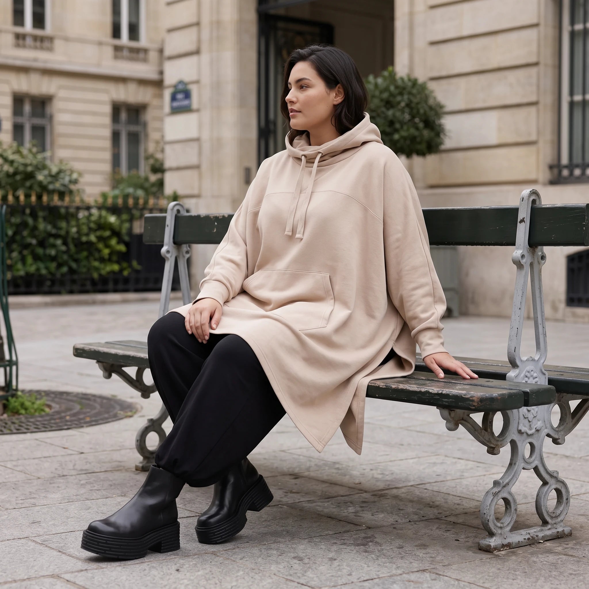 Damen Poncho Avantgarde Baumwolle Sand, kastiger Schnitt, Kapuze, Oversize große Größen – Rafay