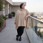 Damen Poncho Avantgarde Baumwolle Sand, kastiger Schnitt, Kapuze, Oversize große Größen – Rafay
