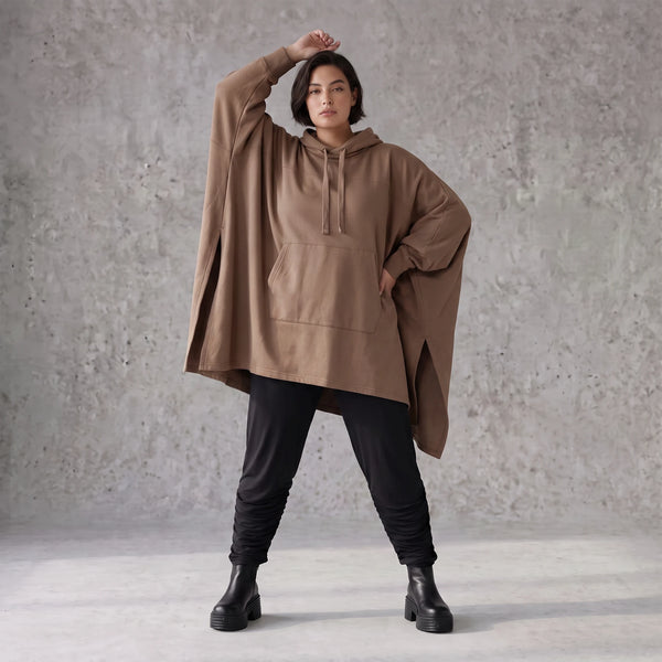 Damen Poncho Avantgarde Baumwolle Braun, kastiger Schnitt, Kapuze, Oversize große Größen – Rafay