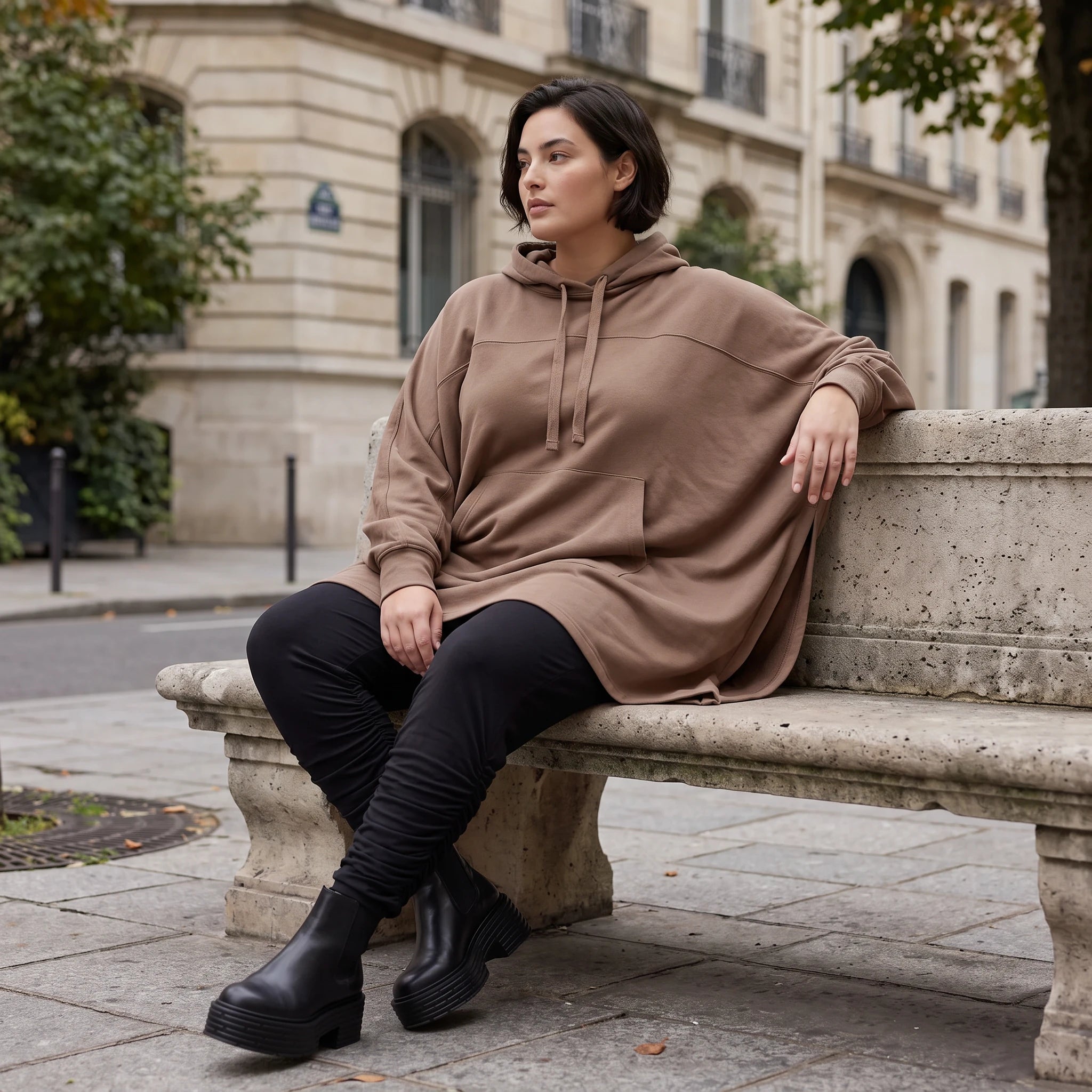 Damen Poncho Avantgarde Baumwolle Braun, kastiger Schnitt, Kapuze, Oversize große Größen – Rafay
