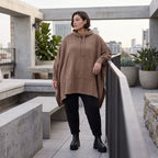 Damen Poncho Avantgarde Baumwolle Braun, kastiger Schnitt, Kapuze, Oversize große Größen – Rafay
