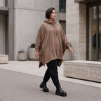 Damen Poncho Avantgarde Baumwolle Braun, kastiger Schnitt, Kapuze, Oversize große Größen – Rafay