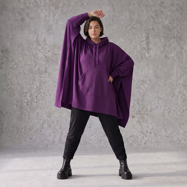 Damen Poncho Avantgarde Baumwolle Lila, kastiger Schnitt, Kapuze, Oversize große Größen – Rafay