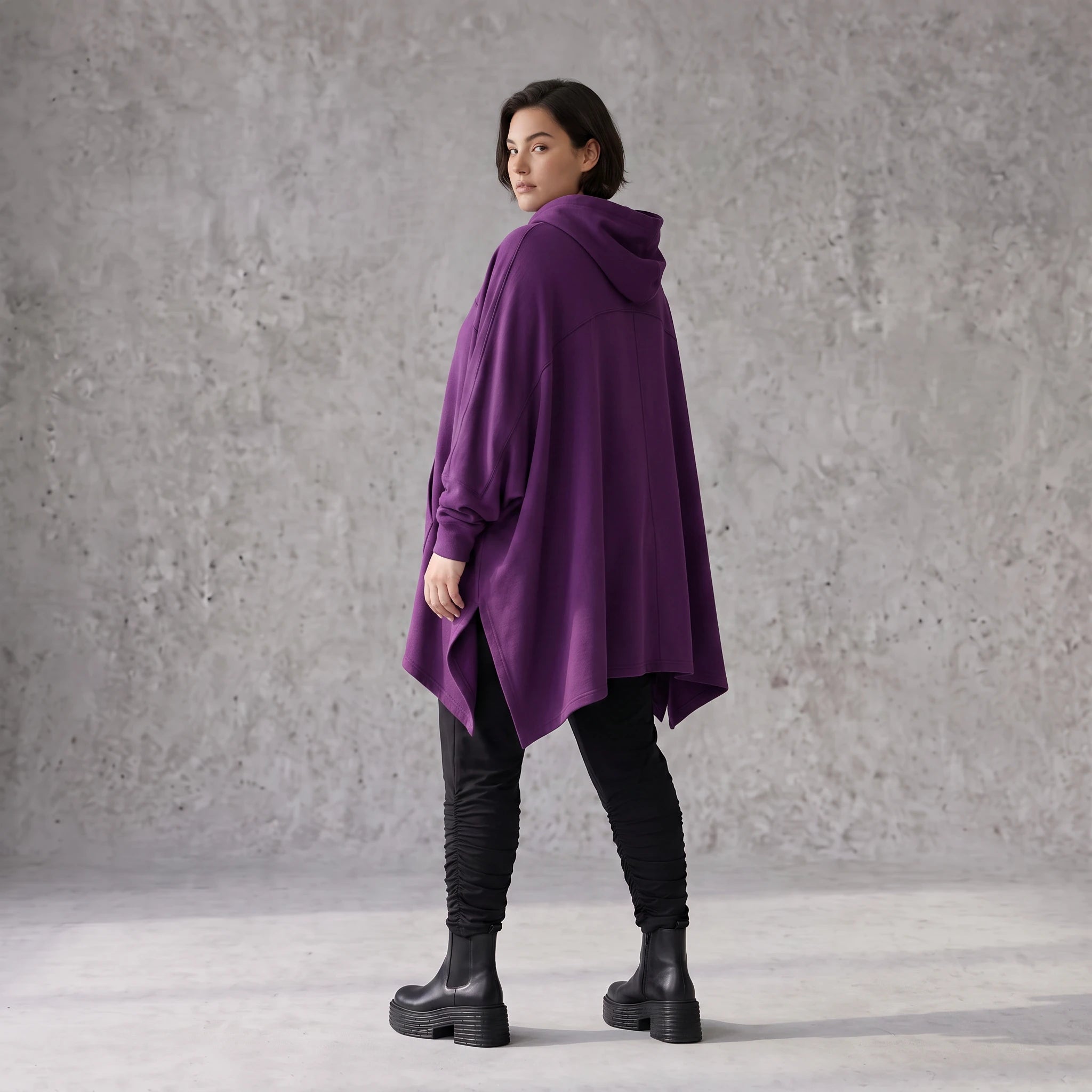 Damen Poncho Avantgarde Baumwolle Lila, kastiger Schnitt, Kapuze, Oversize große Größen – Rafay