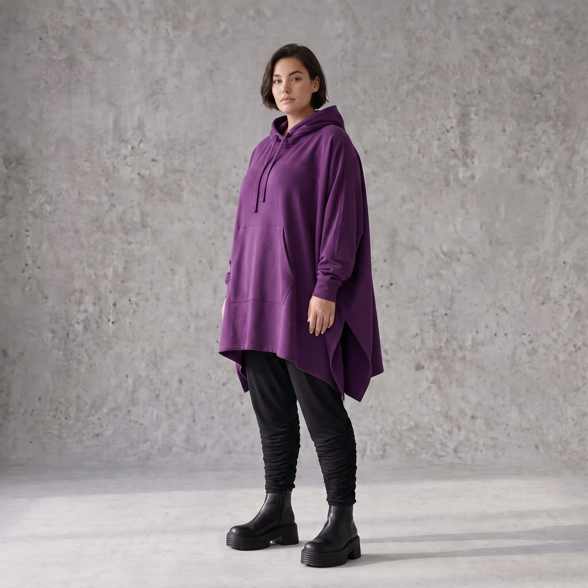 Damen Poncho Avantgarde Baumwolle Lila, kastiger Schnitt, Kapuze, Oversize große Größen – Rafay