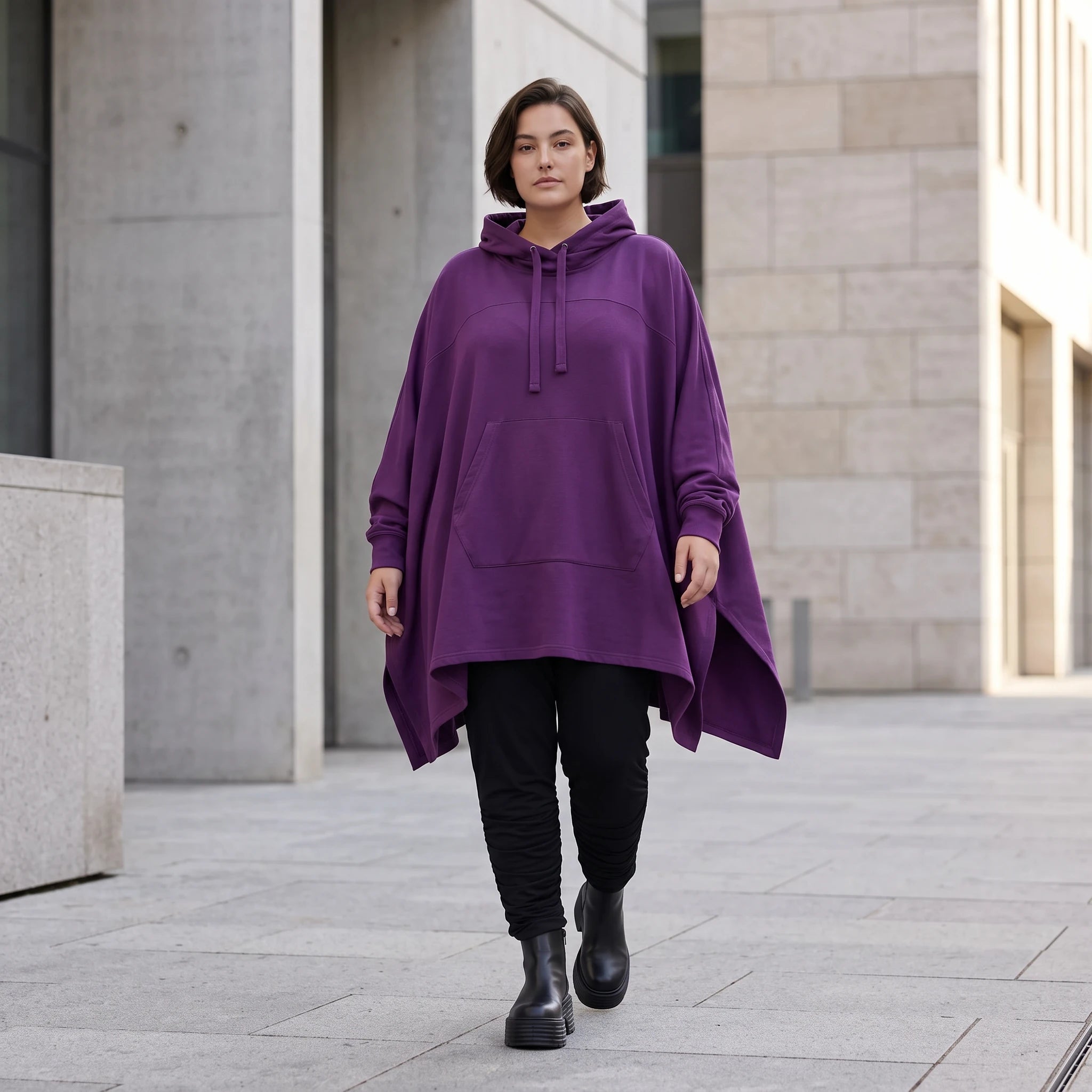Damen Poncho Avantgarde Baumwolle Lila, kastiger Schnitt, Kapuze, Oversize große Größen – Rafay