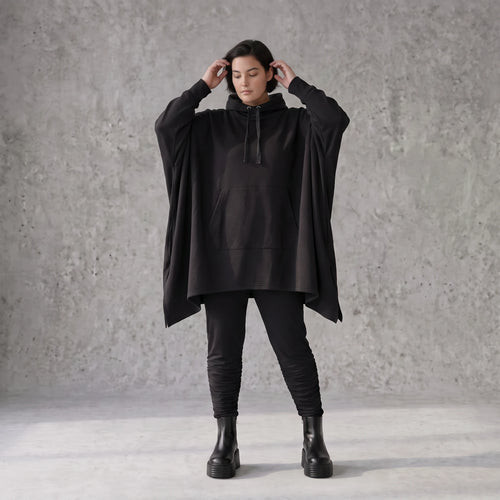 Damen Poncho Avantgarde Baumwolle Schwarz, kastiger Schnitt, Kapuze, Oversize große Größen – Rafay