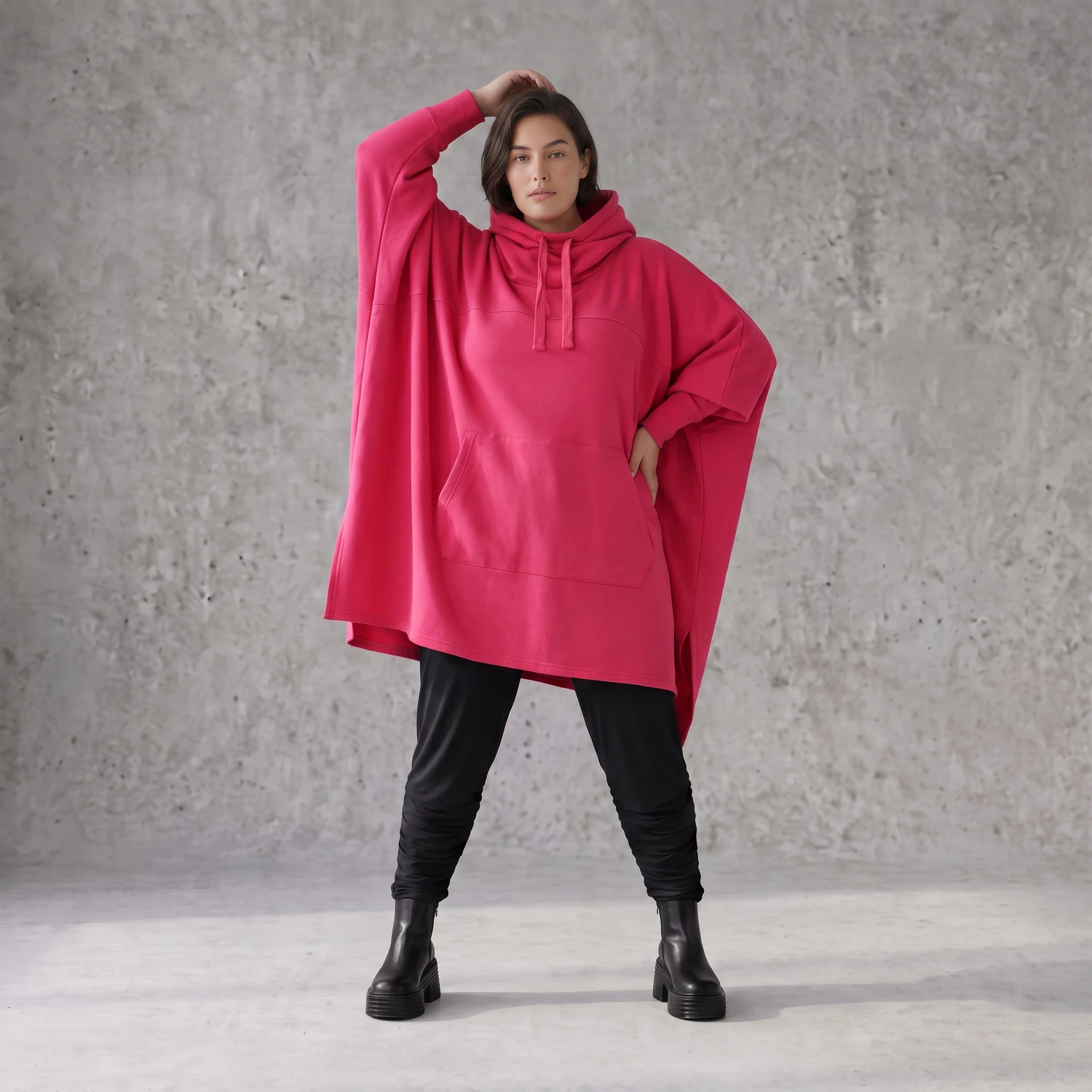 Damen Poncho Avantgarde Baumwolle Pink, kastiger Schnitt, Kapuze, Oversize große Größen – Rafay
