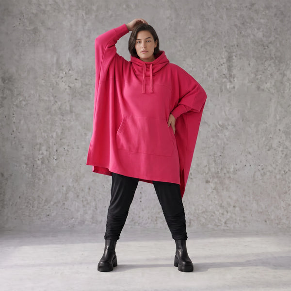 Damen Poncho Avantgarde Baumwolle Pink, kastiger Schnitt, Kapuze, Oversize große Größen – Rafay