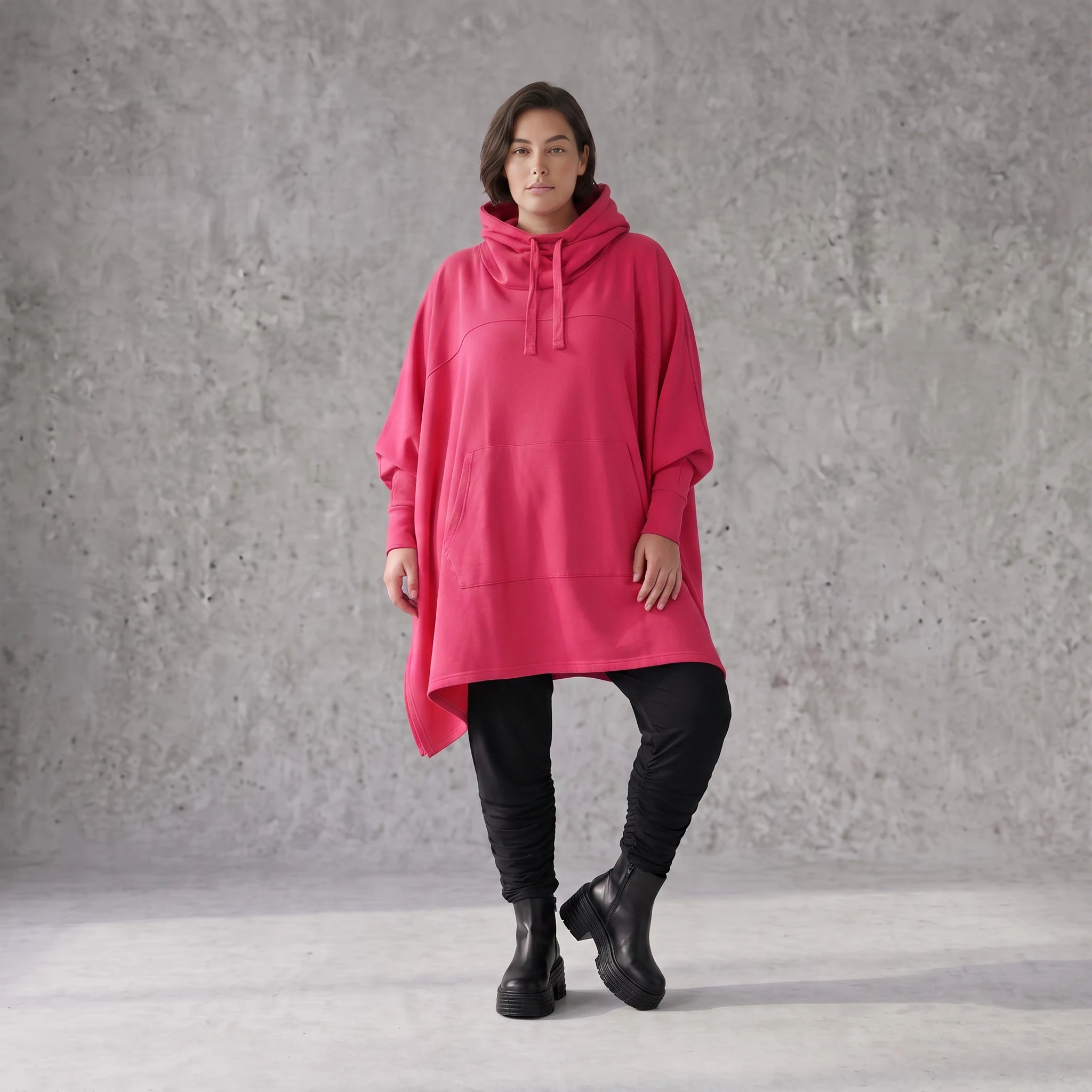 Damen Poncho Avantgarde Baumwolle Pink, kastiger Schnitt, Kapuze, Oversize große Größen – Rafay
