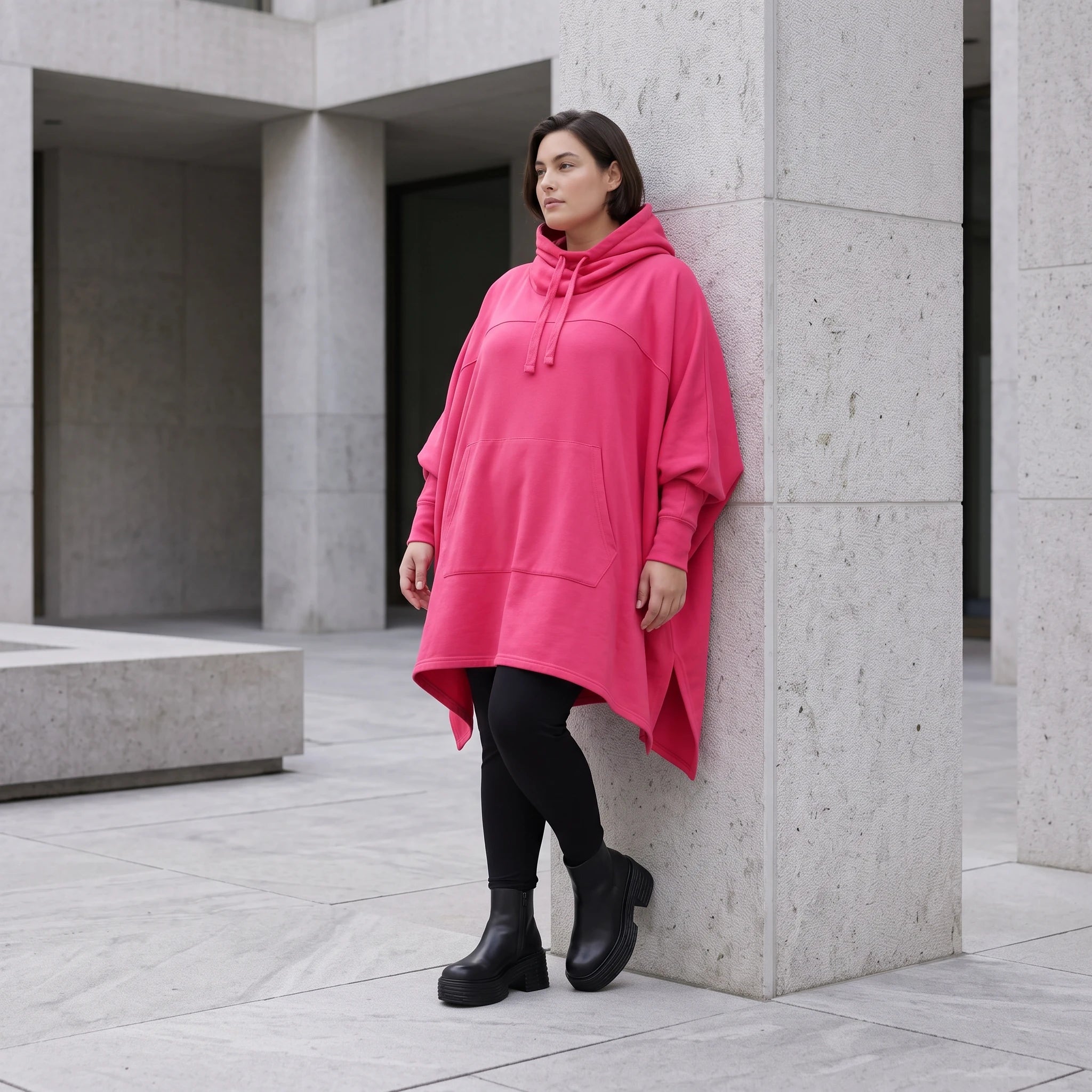 Damen Poncho Avantgarde Baumwolle Pink, kastiger Schnitt, Kapuze, Oversize große Größen – Rafay