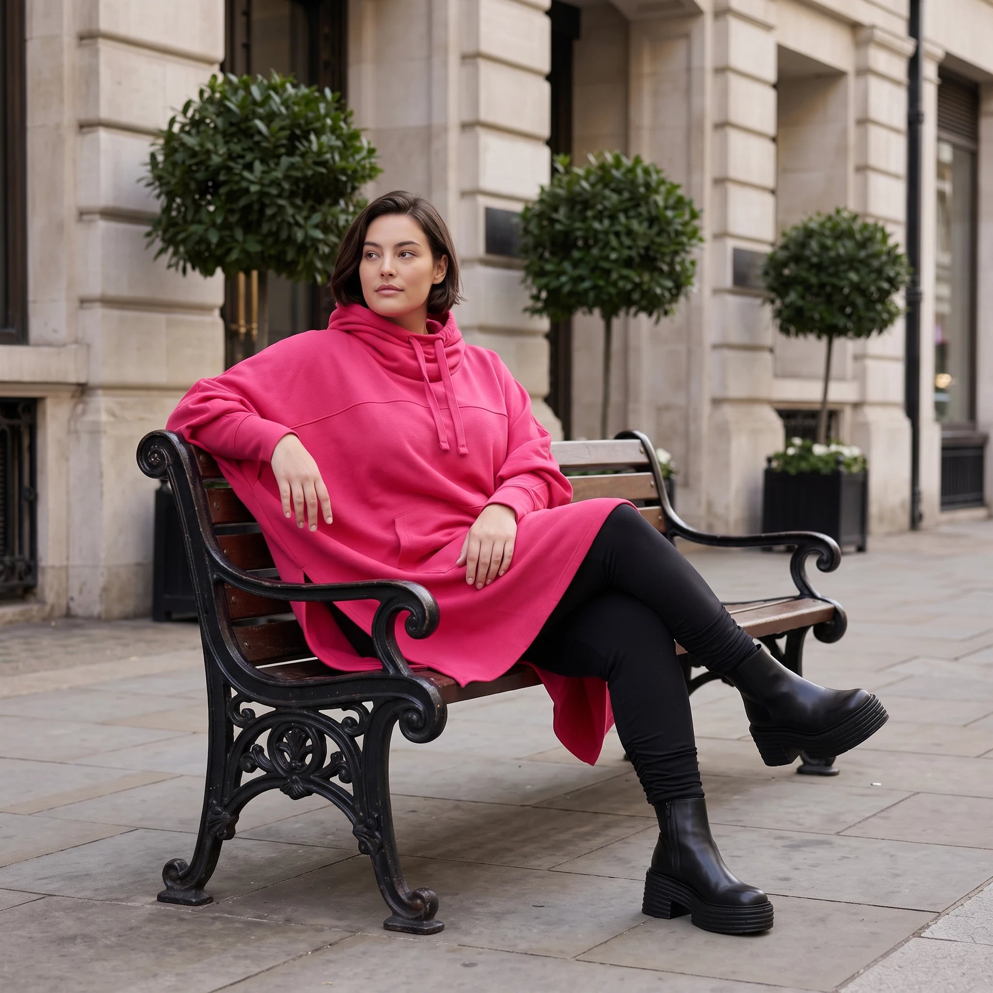 Damen Poncho Avantgarde Baumwolle Pink, kastiger Schnitt, Kapuze, Oversize große Größen – Rafay
