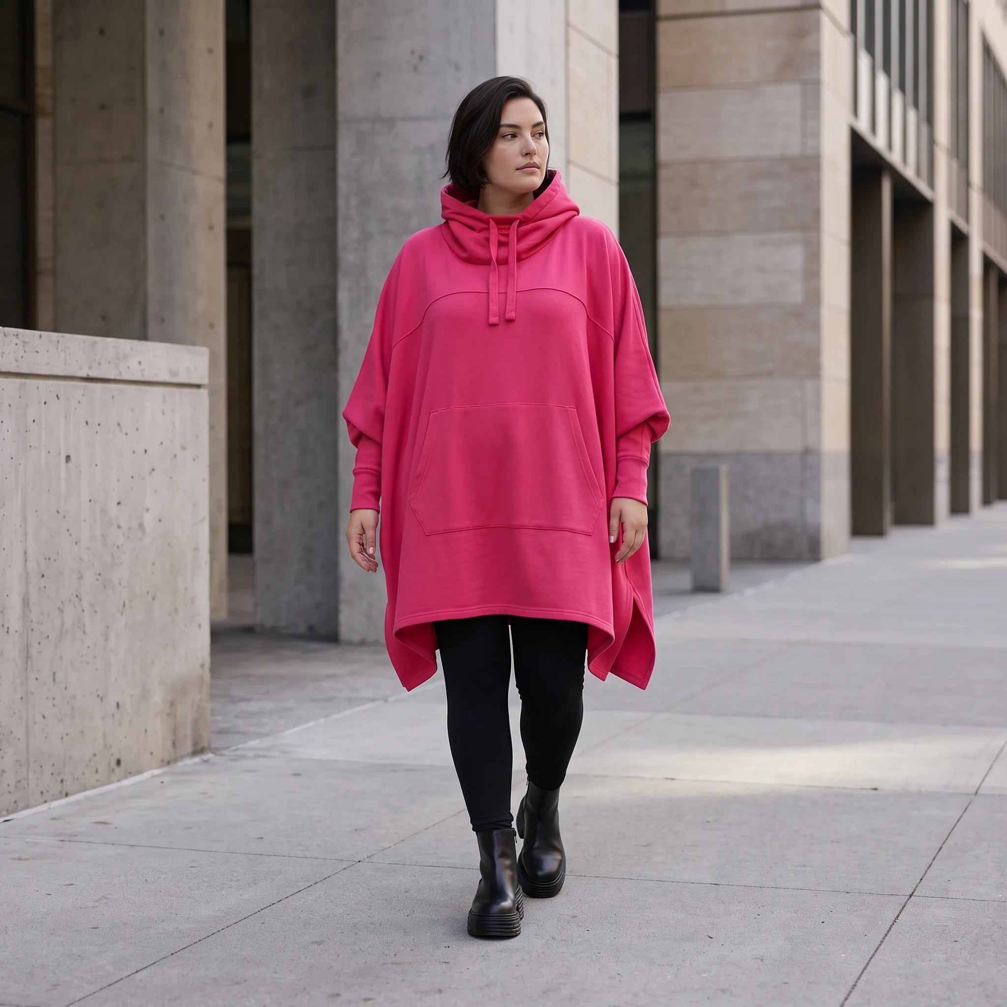 Damen Poncho Avantgarde Baumwolle Pink, kastiger Schnitt, Kapuze, Oversize große Größen – Rafay