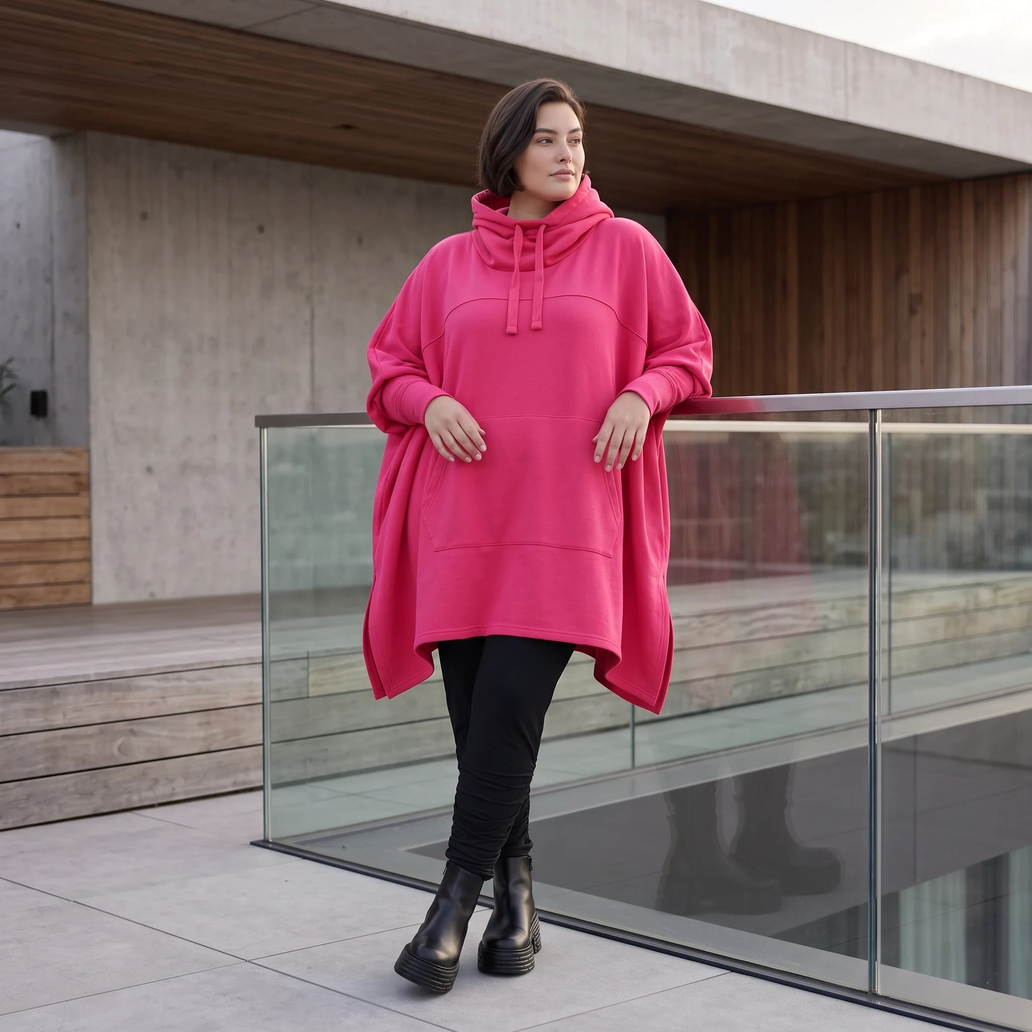 Damen Poncho Avantgarde Baumwolle Pink, kastiger Schnitt, Kapuze, Oversize große Größen – Rafay