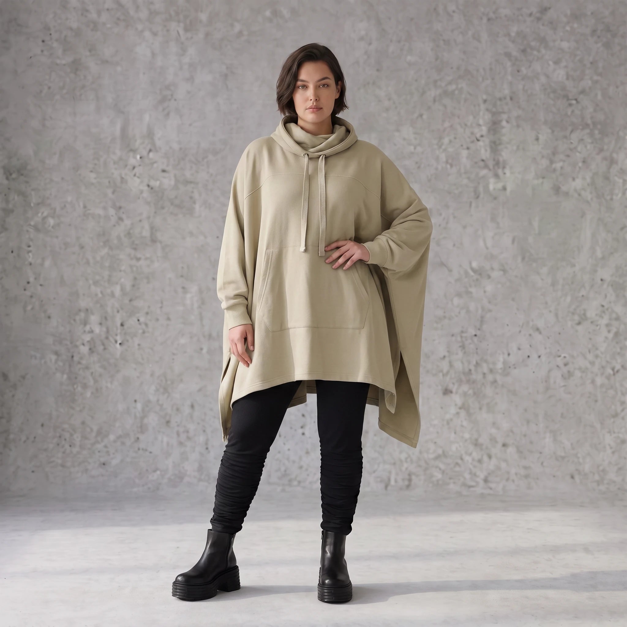 Damen Poncho Avantgarde Baumwolle Beige, kastiger Schnitt, Kapuze, Oversize große Größen – Rafay