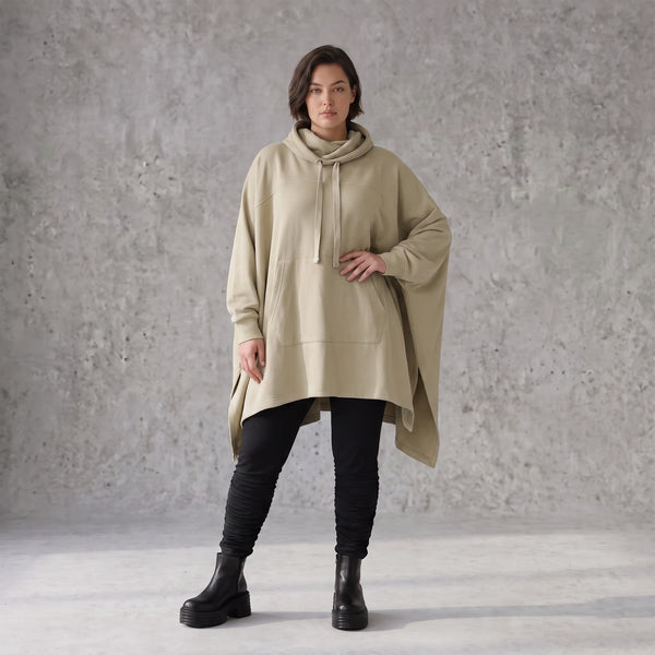 Damen Poncho Avantgarde Baumwolle Beige, kastiger Schnitt, Kapuze, Oversize große Größen – Rafay