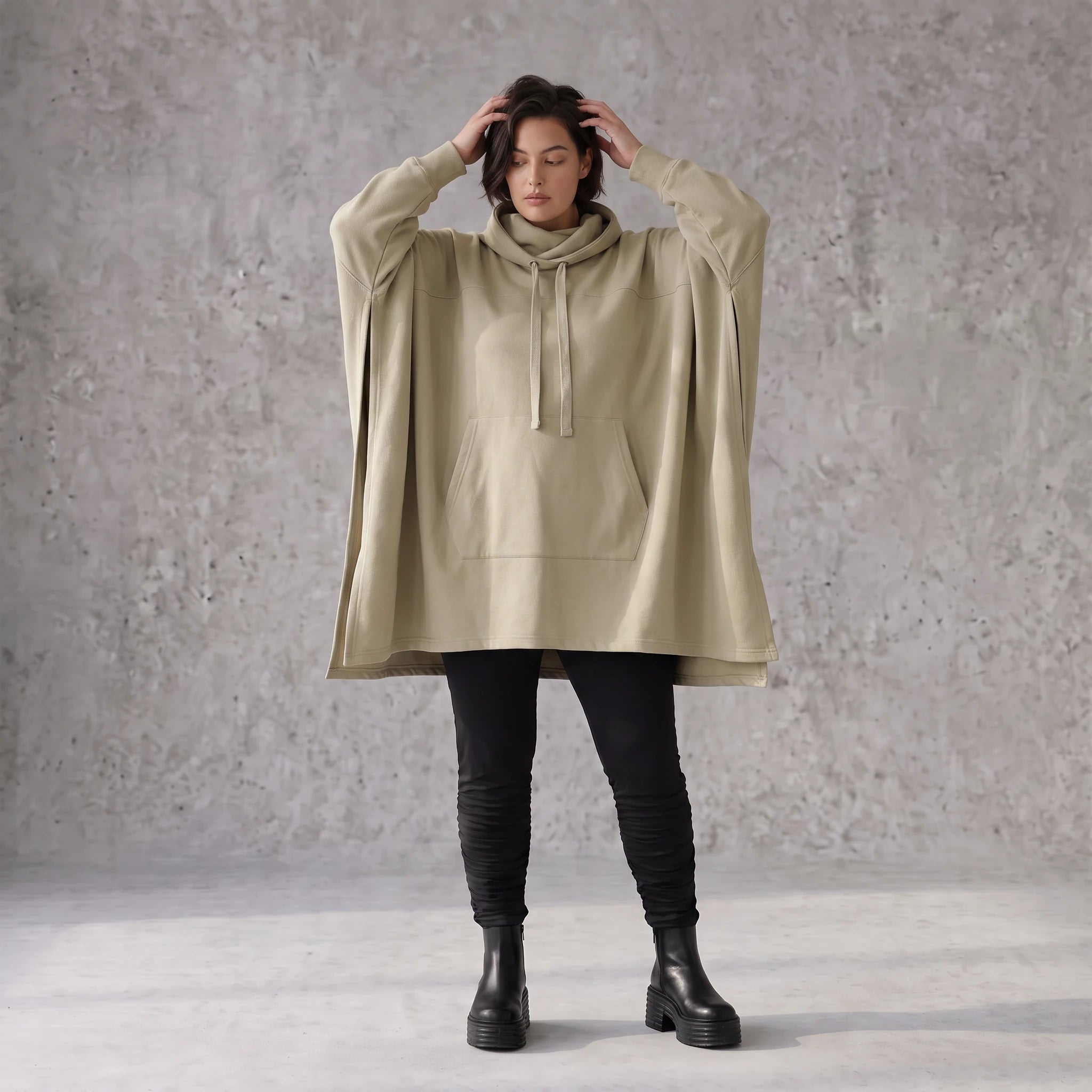 Damen Poncho Avantgarde Baumwolle Beige, kastiger Schnitt, Kapuze, Oversize große Größen – Rafay