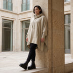 Damen Poncho Avantgarde Baumwolle Beige, kastiger Schnitt, Kapuze, Oversize große Größen – Rafay
