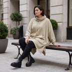 Damen Poncho Avantgarde Baumwolle Beige, kastiger Schnitt, Kapuze, Oversize große Größen – Rafay