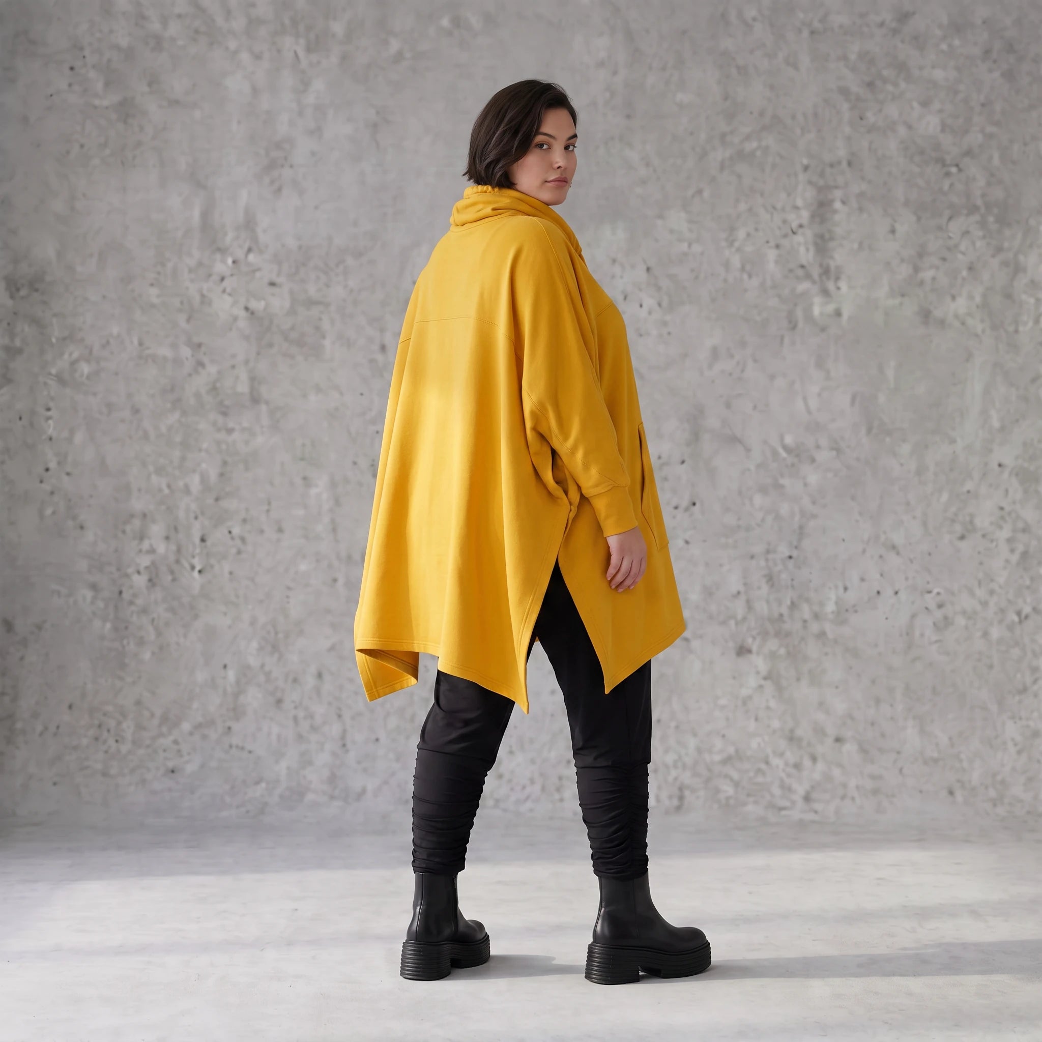 Damen Poncho Avantgarde Baumwolle Senfgelb, kastiger Schnitt, Langarm, Kapuze, Oversize große Größen – Rafay