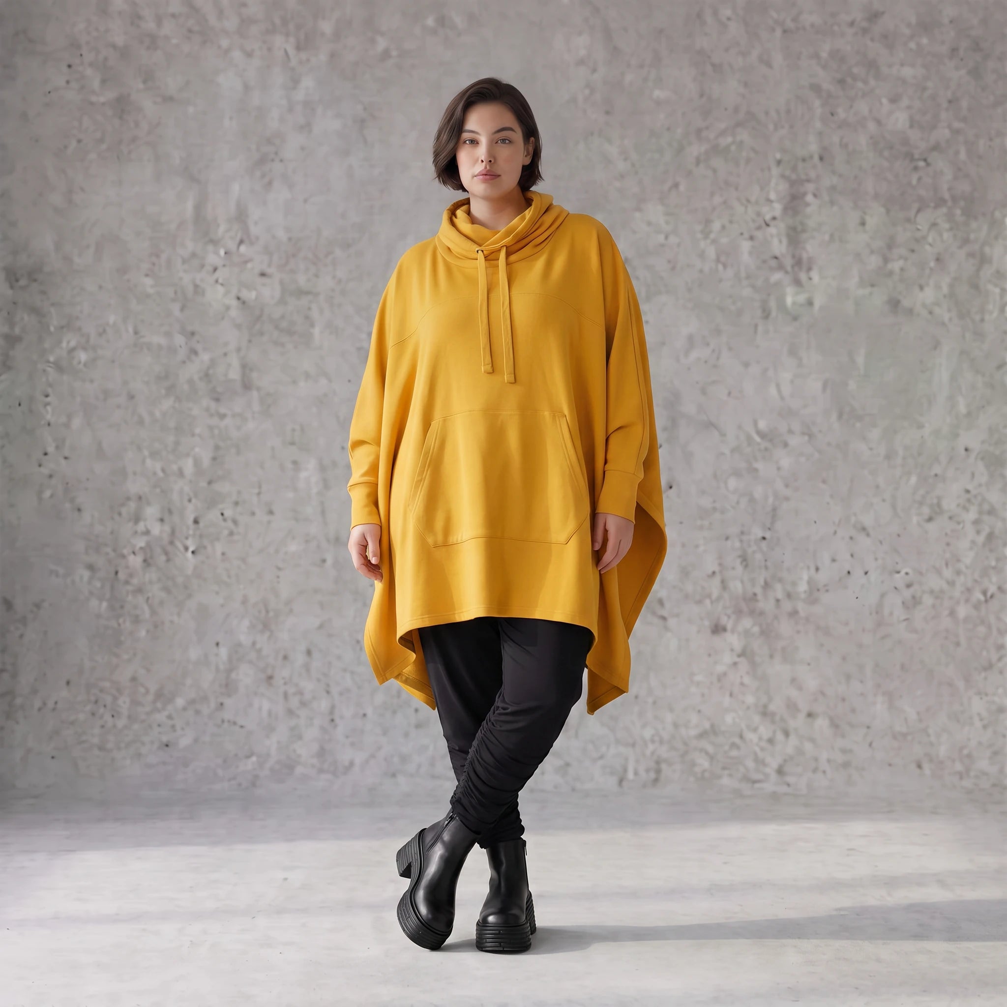 Damen Poncho Avantgarde Baumwolle Senfgelb, kastiger Schnitt, Langarm, Kapuze, Oversize große Größen – Rafay