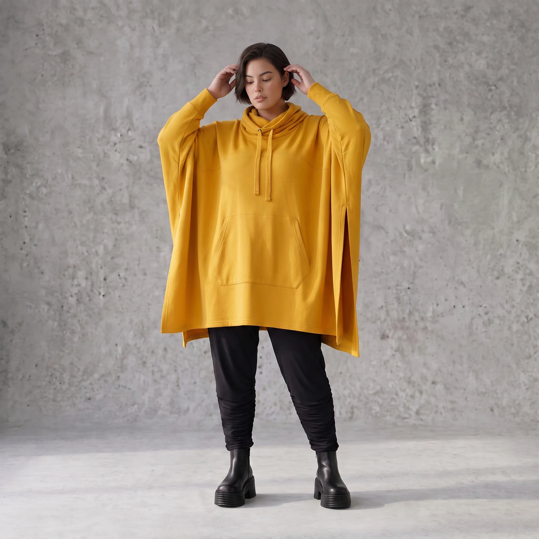 Damen Poncho Avantgarde Baumwolle Senfgelb, kastiger Schnitt, Langarm, Kapuze, Oversize große Größen – Rafay