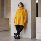 Damen Poncho Avantgarde Baumwolle Senfgelb, kastiger Schnitt, Langarm, Kapuze, Oversize große Größen – Rafay