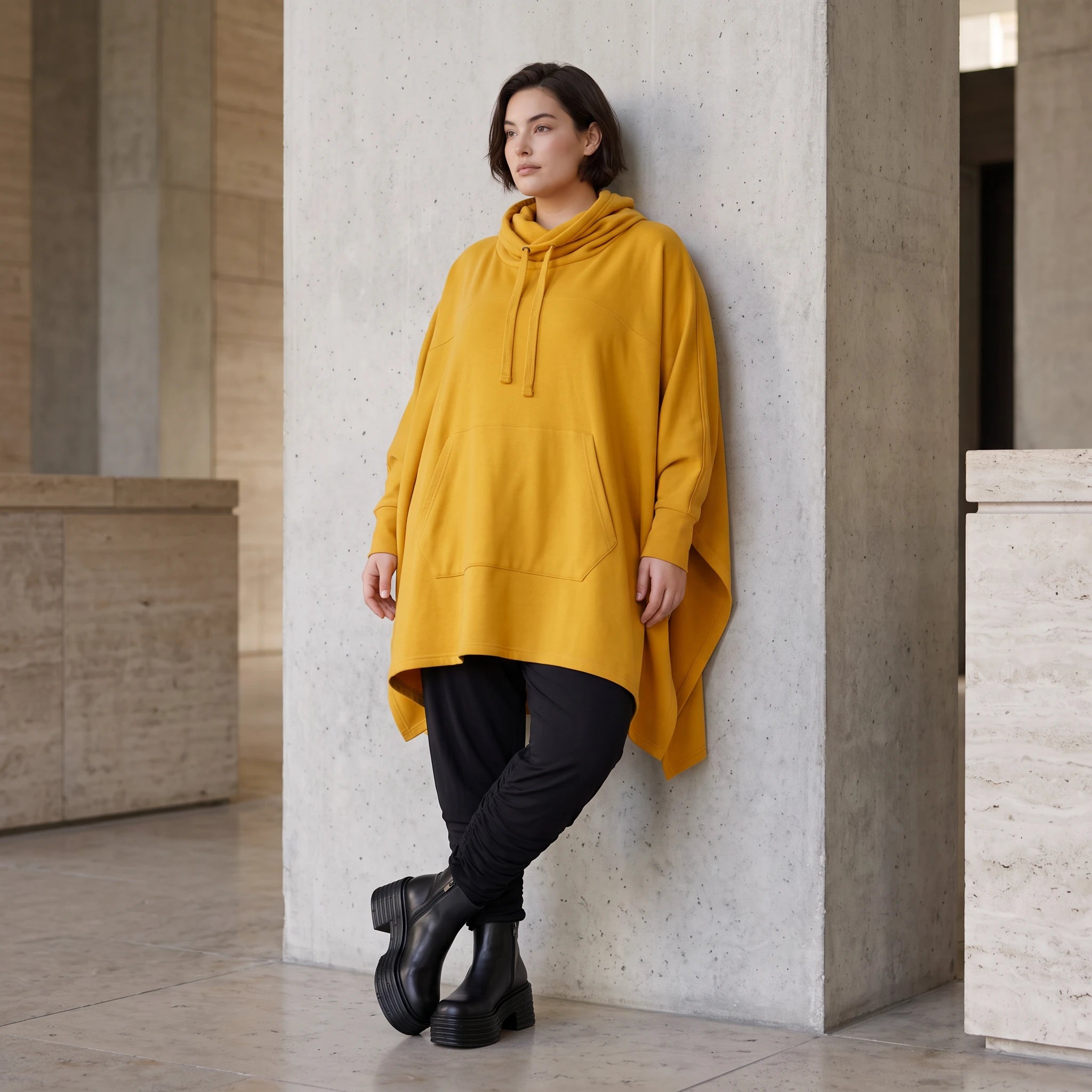 Damen Poncho Avantgarde Baumwolle Senfgelb, kastiger Schnitt, Langarm, Kapuze, Oversize große Größen – Rafay
