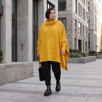 Damen Poncho Avantgarde Baumwolle Senfgelb, kastiger Schnitt, Langarm, Kapuze, Oversize große Größen – Rafay