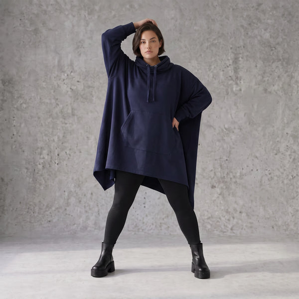 Damen Poncho Avantgarde Baumwolle Dunkelblau, kastiger Schnitt, Kapuze, Oversize große Größen – Rafay