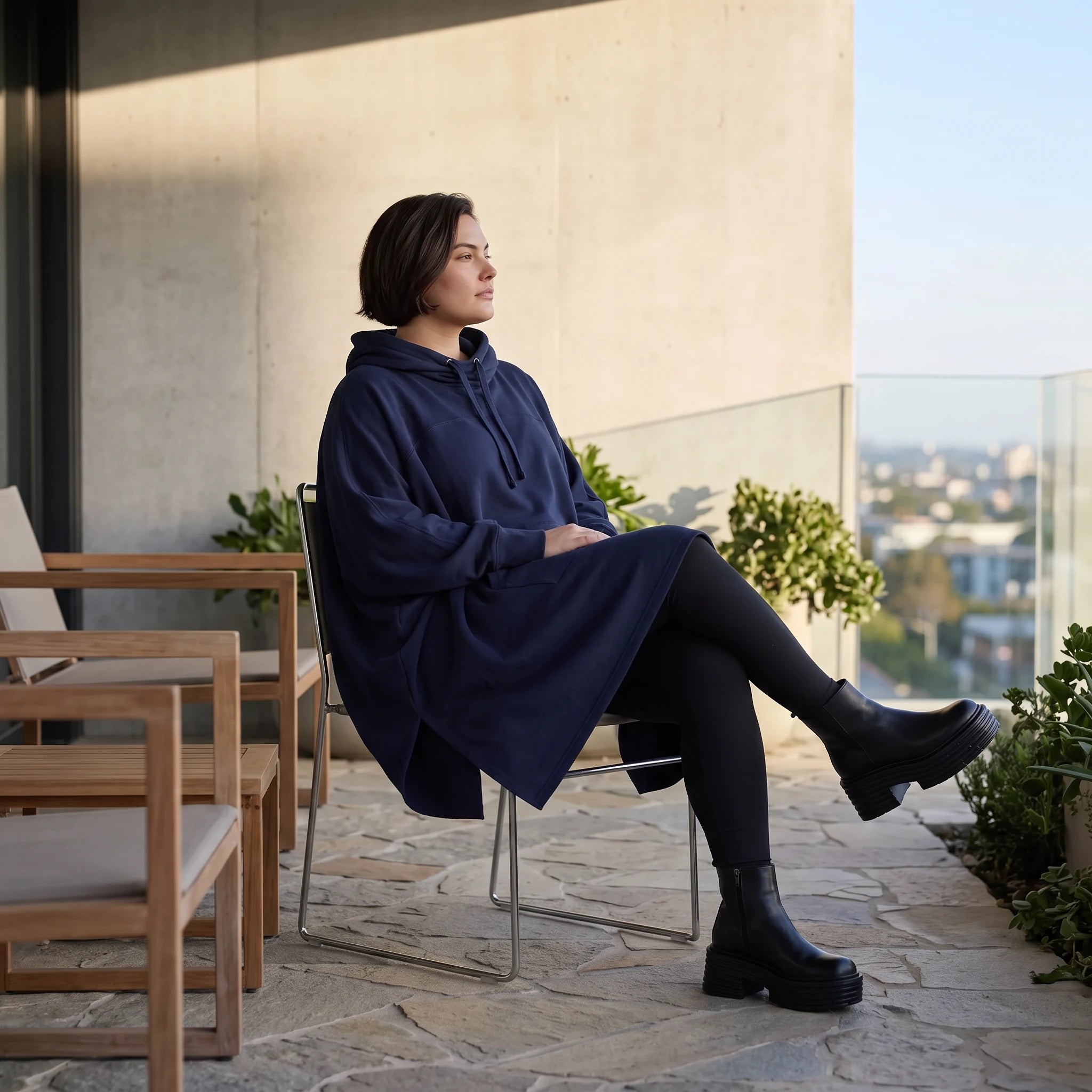Damen Poncho Avantgarde Baumwolle Dunkelblau, kastiger Schnitt, Kapuze, Oversize große Größen – Rafay