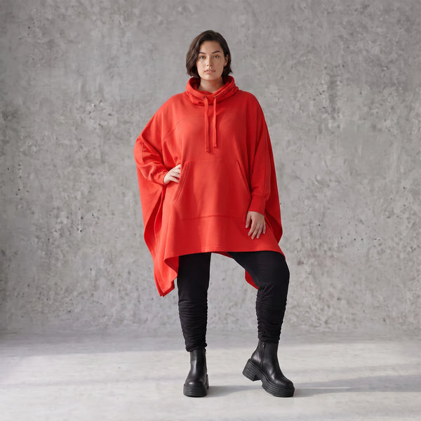 Damen Poncho Avantgarde Baumwolle Rot, kastiger Schnitt, Kapuze, Oversize große Größen – Rafay