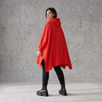 Damen Poncho Avantgarde Baumwolle Rot, kastiger Schnitt, Kapuze, Oversize große Größen – Rafay