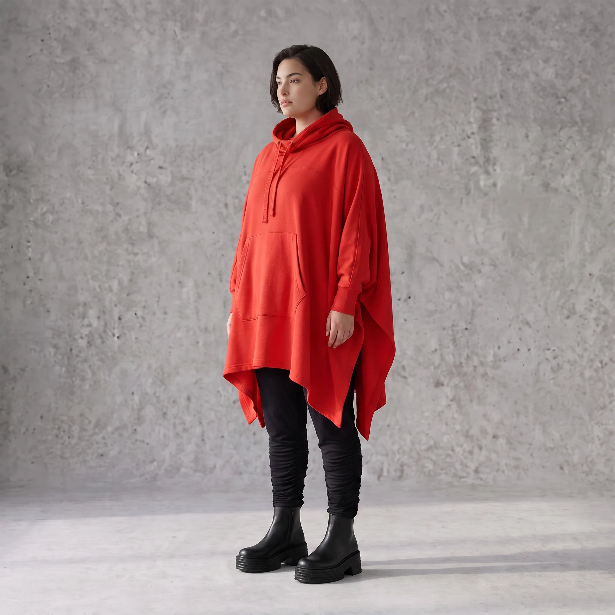 Damen Poncho Avantgarde Baumwolle Rot, kastiger Schnitt, Kapuze, Oversize große Größen – Rafay