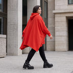 Damen Poncho Avantgarde Baumwolle Rot, kastiger Schnitt, Kapuze, Oversize große Größen – Rafay