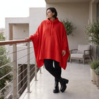 Damen Poncho Avantgarde Baumwolle Rot, kastiger Schnitt, Kapuze, Oversize große Größen – Rafay