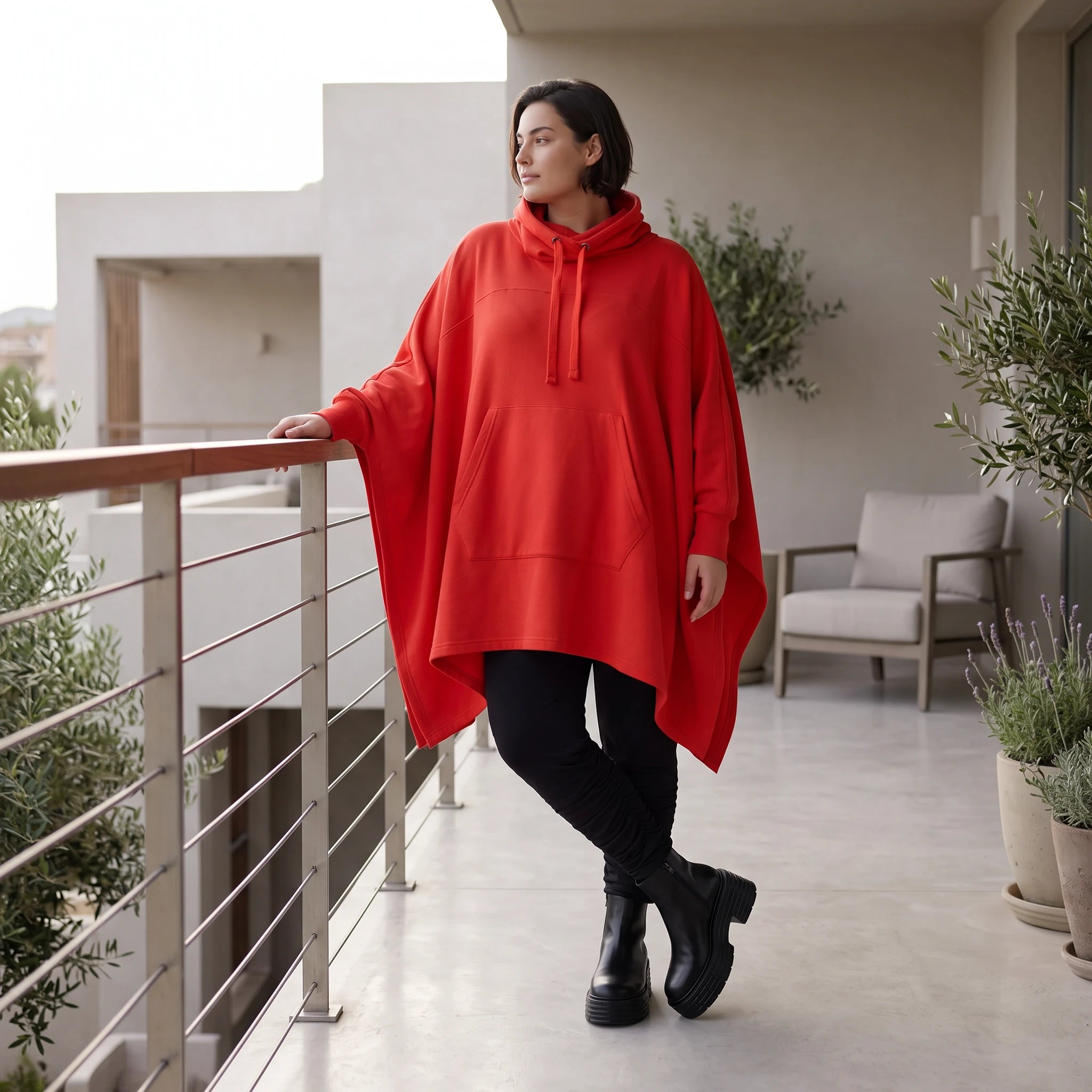 Damen Poncho Avantgarde Baumwolle Rot, kastiger Schnitt, Kapuze, Oversize große Größen – Rafay