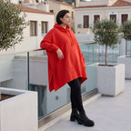 Damen Poncho Avantgarde Baumwolle Rot, kastiger Schnitt, Kapuze, Oversize große Größen – Rafay