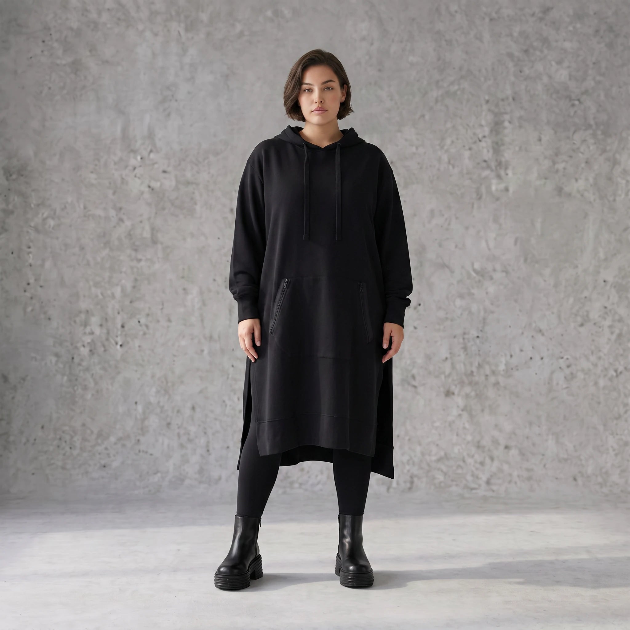 Damen Hoody Avantgarde Baumwolle Schwarz, gerader Schnitt, Kapuze, Oversize große Größen – Rafay