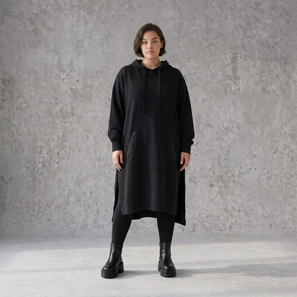 Damen Hoody Avantgarde Baumwolle Schwarz, gerader Schnitt, Kapuze, Oversize große Größen – Rafay