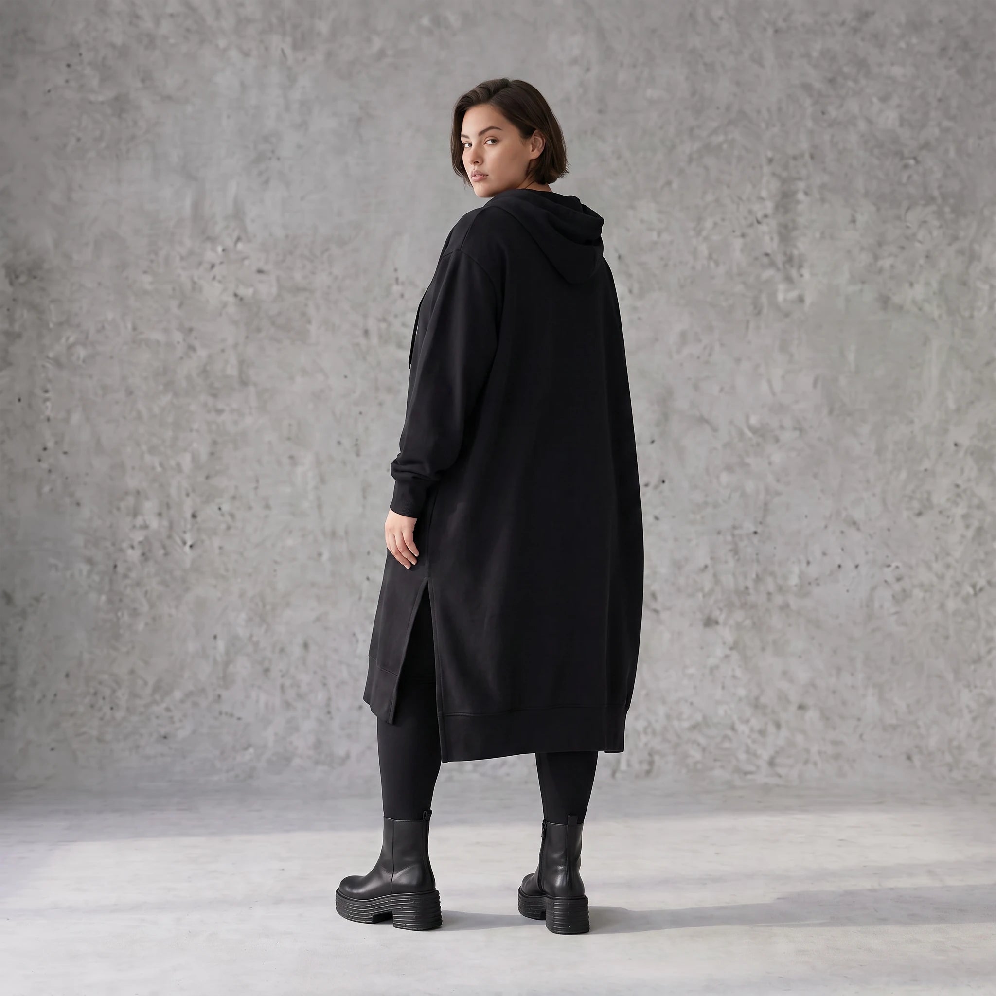 Damen Hoody Avantgarde Baumwolle Schwarz, gerader Schnitt, Kapuze, Oversize große Größen – Rafay