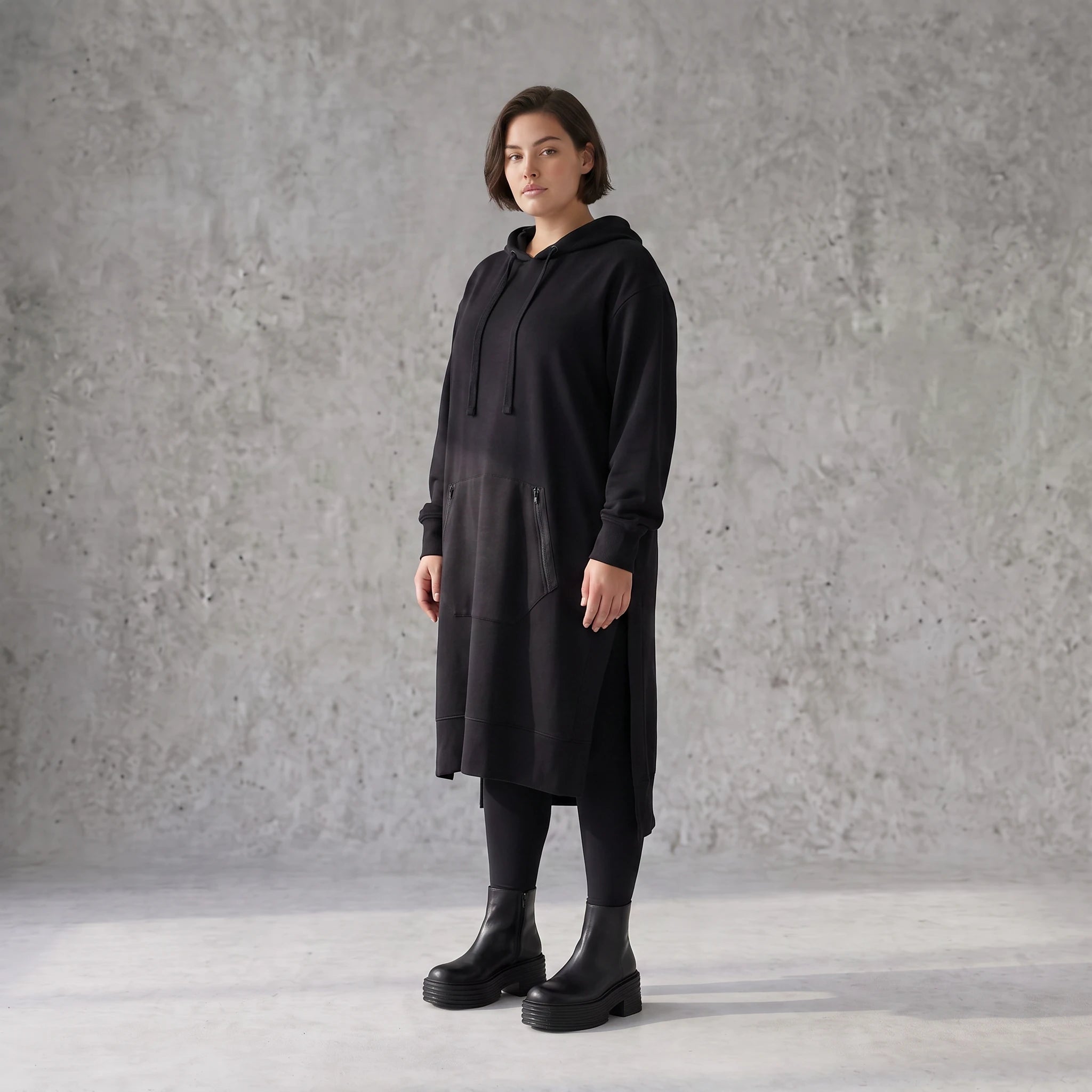 Damen Hoody Avantgarde Baumwolle Schwarz, gerader Schnitt, Kapuze, Oversize große Größen – Rafay