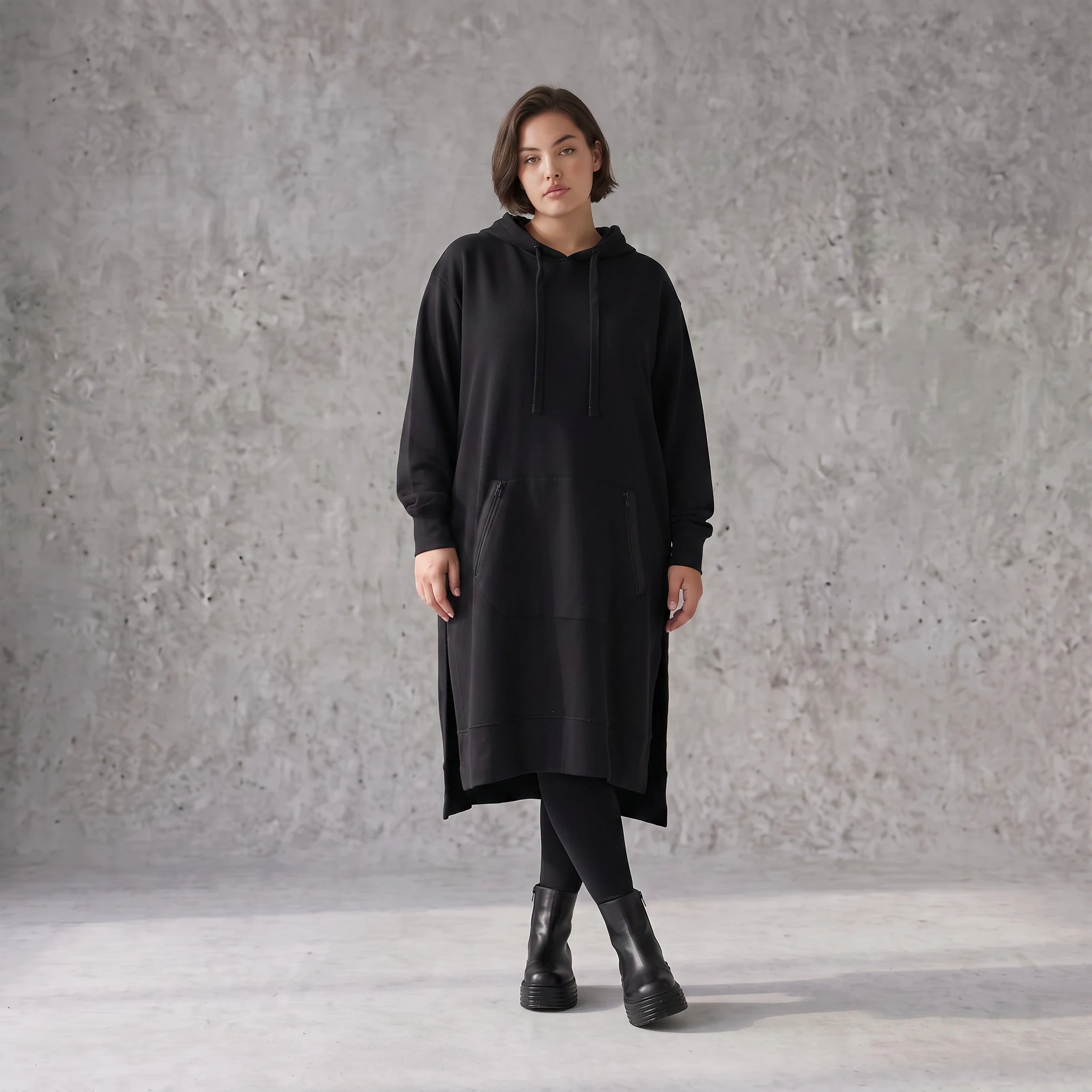 Damen Hoody Avantgarde Baumwolle Schwarz, gerader Schnitt, Kapuze, Oversize große Größen – Rafay