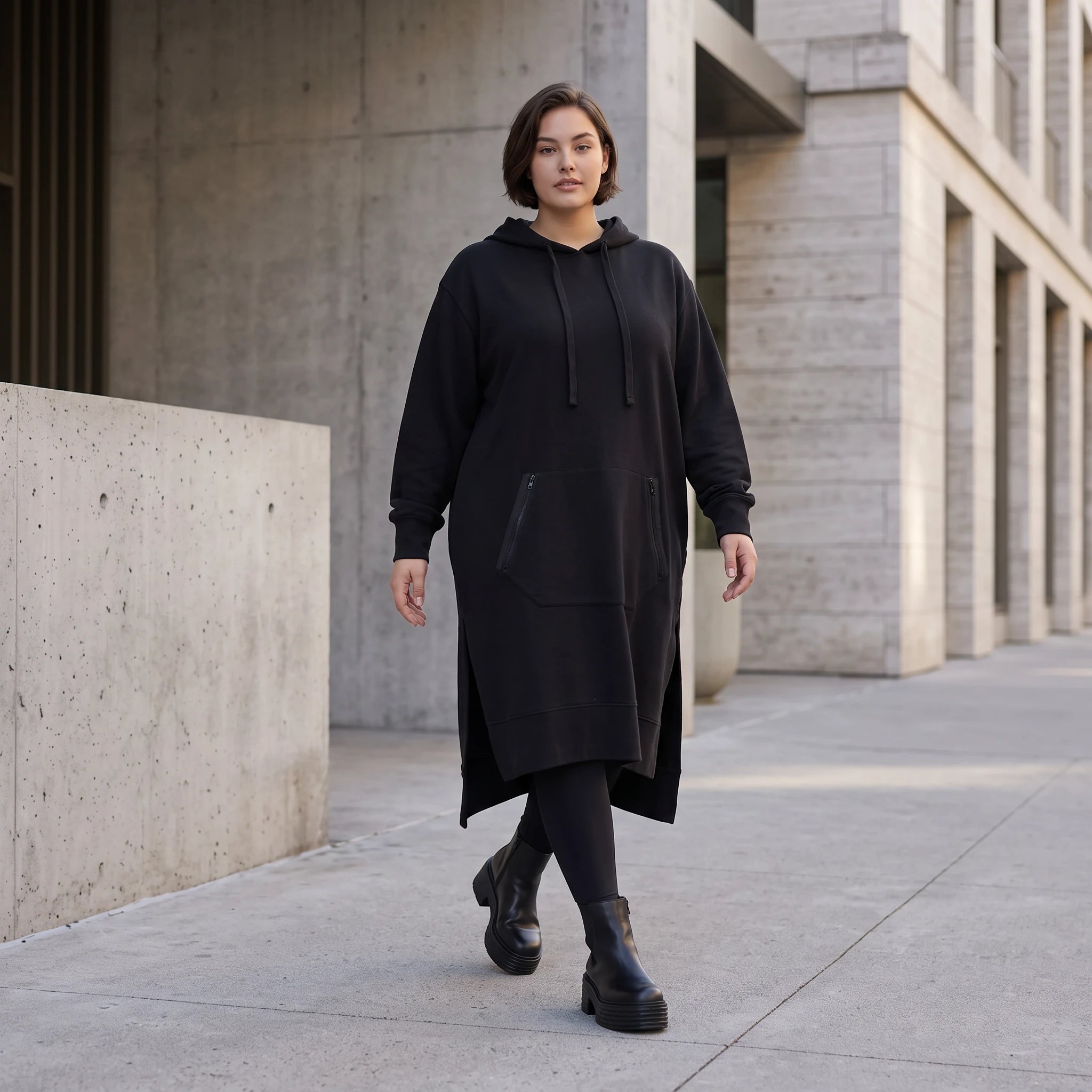 Damen Hoody Avantgarde Baumwolle Schwarz, gerader Schnitt, Kapuze, Oversize große Größen – Rafay