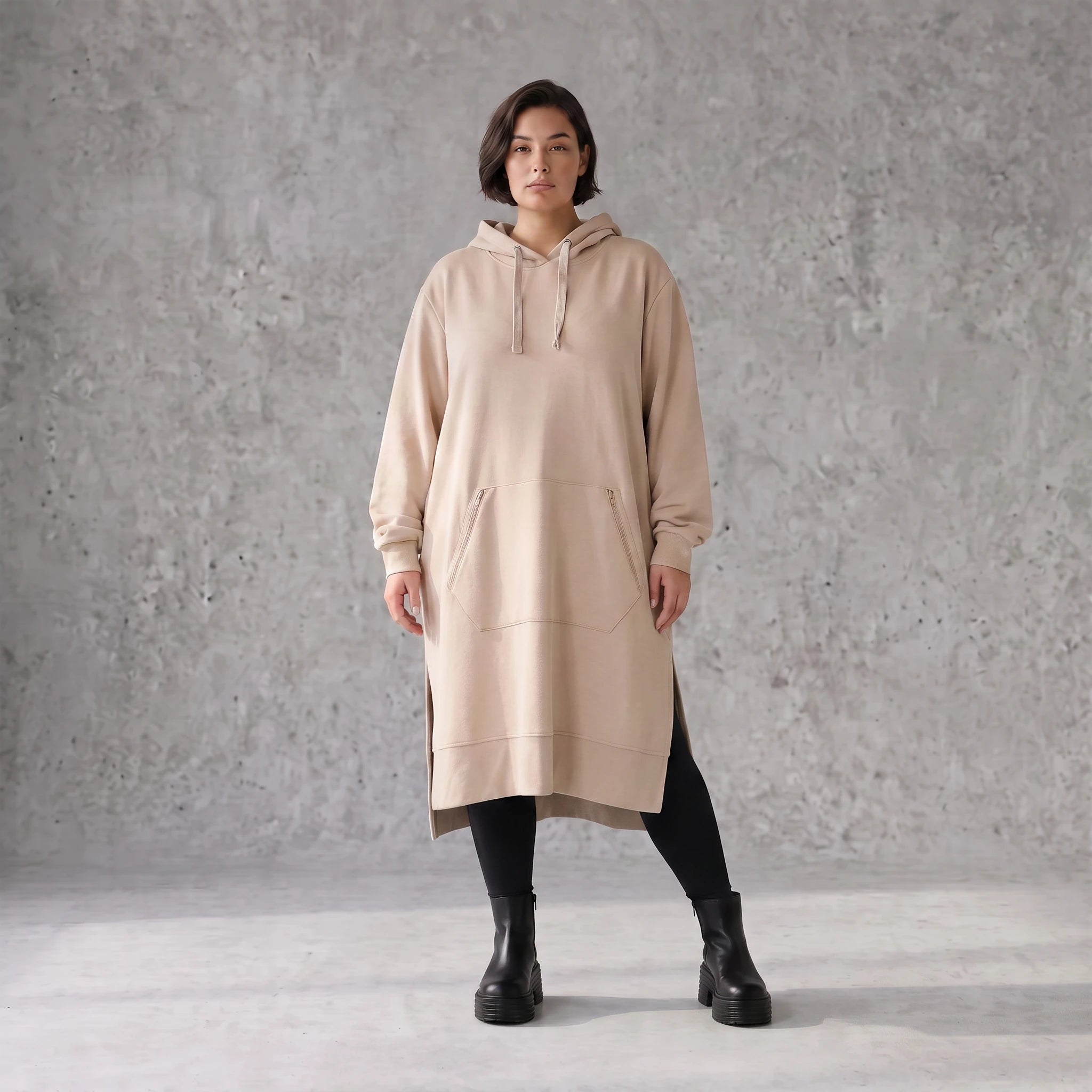 Damen Hoody Avantgarde Baumwolle Sand, gerader Schnitt, Kapuze, Oversize große Größen – Rafay
