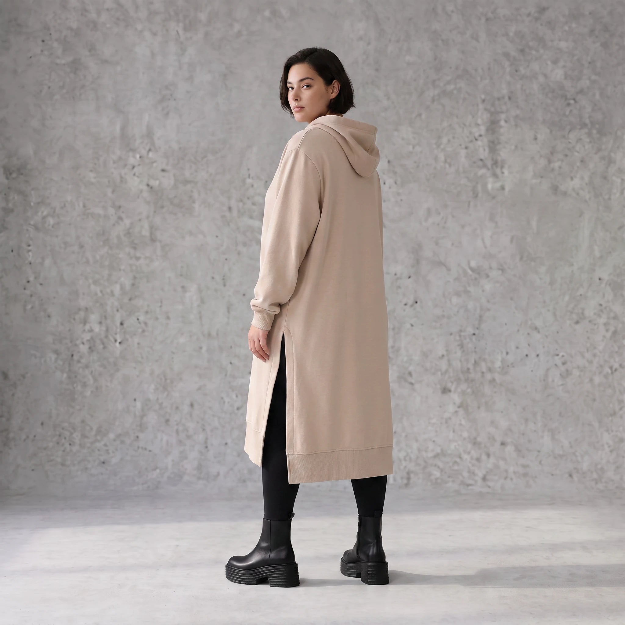 Damen Hoody Avantgarde Baumwolle Sand, gerader Schnitt, Kapuze, Oversize große Größen – Rafay