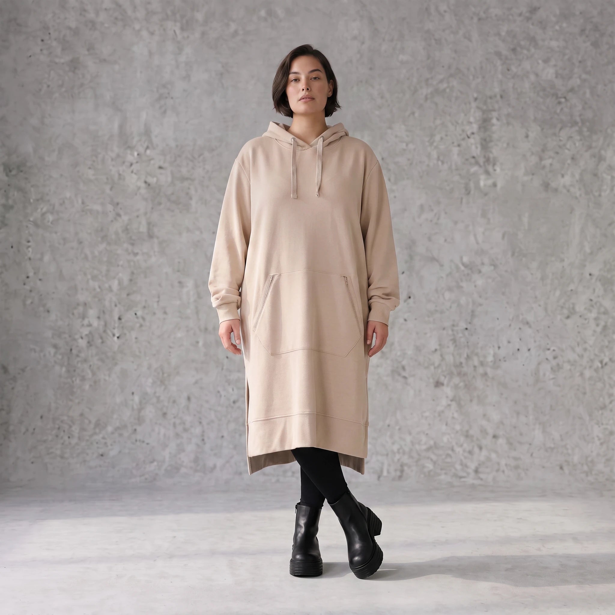 Damen Hoody Avantgarde Baumwolle Sand, gerader Schnitt, Kapuze, Oversize große Größen – Rafay